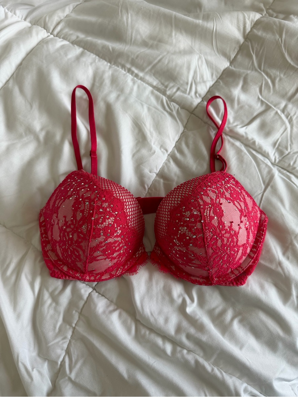 Victoria’s Secret Red Lace Push-Up Bra with Embellished Detailing